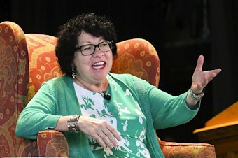 caption: Supreme Court Justice Sonia Sotomayor addresses attendees of an event in 2019 promoting her new children's book in Decatur, Ga.