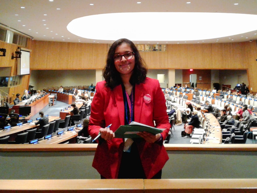 caption: Sakshi Satpathy at the U.N.'s headquarters in March. On Thursday, she received an award from the Girl Scouts at the U.N. for her work to fight child marriage and human trafficking.