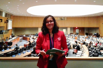 caption: Sakshi Satpathy at the U.N.'s headquarters in March. On Thursday, she received an award from the Girl Scouts at the U.N. for her work to fight child marriage and human trafficking.