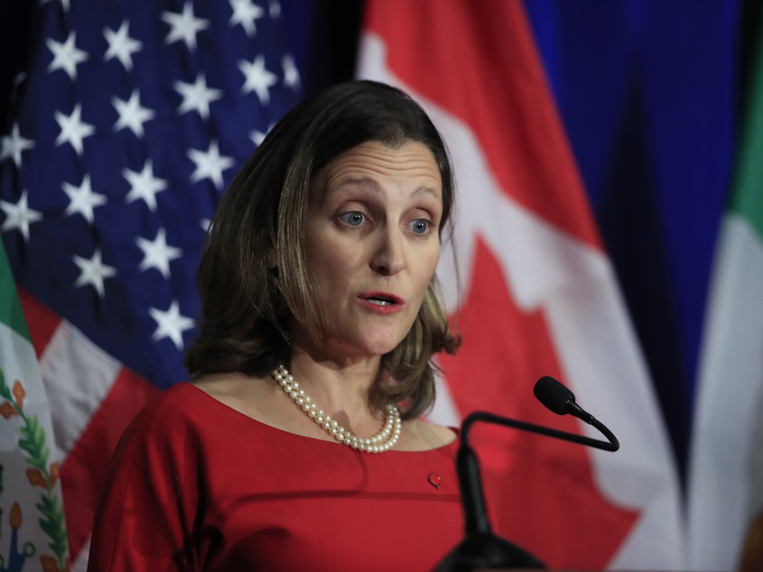 caption: Canadian Minister of Foreign Affairs Chrystia Freeland speaks during negotiations for a new North American Free Trade Agreement in October.  "We know that a win-win-win agreement is within reach and that is what we are working toward," she said Friday.
