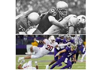 caption: Top: 1965 Apple Cup. Courtesy of University of Washington Libraries. "Exemplary of the outstanding defensive effort against WSU, sophomore Steve Thompson, 79, helps a classmate, Bill Glennon, topple a Cougar ball carrier."

Bottom: 2021 Apple Cup. Washington State defensive end Quinn Roff (20) leaps in pursuit of Washington quarterback Sam Huard (7) during the second half of an NCAA college football game, Friday, Nov. 26, 2021, in Seattle. (AP Photo/Ted S. Warren)