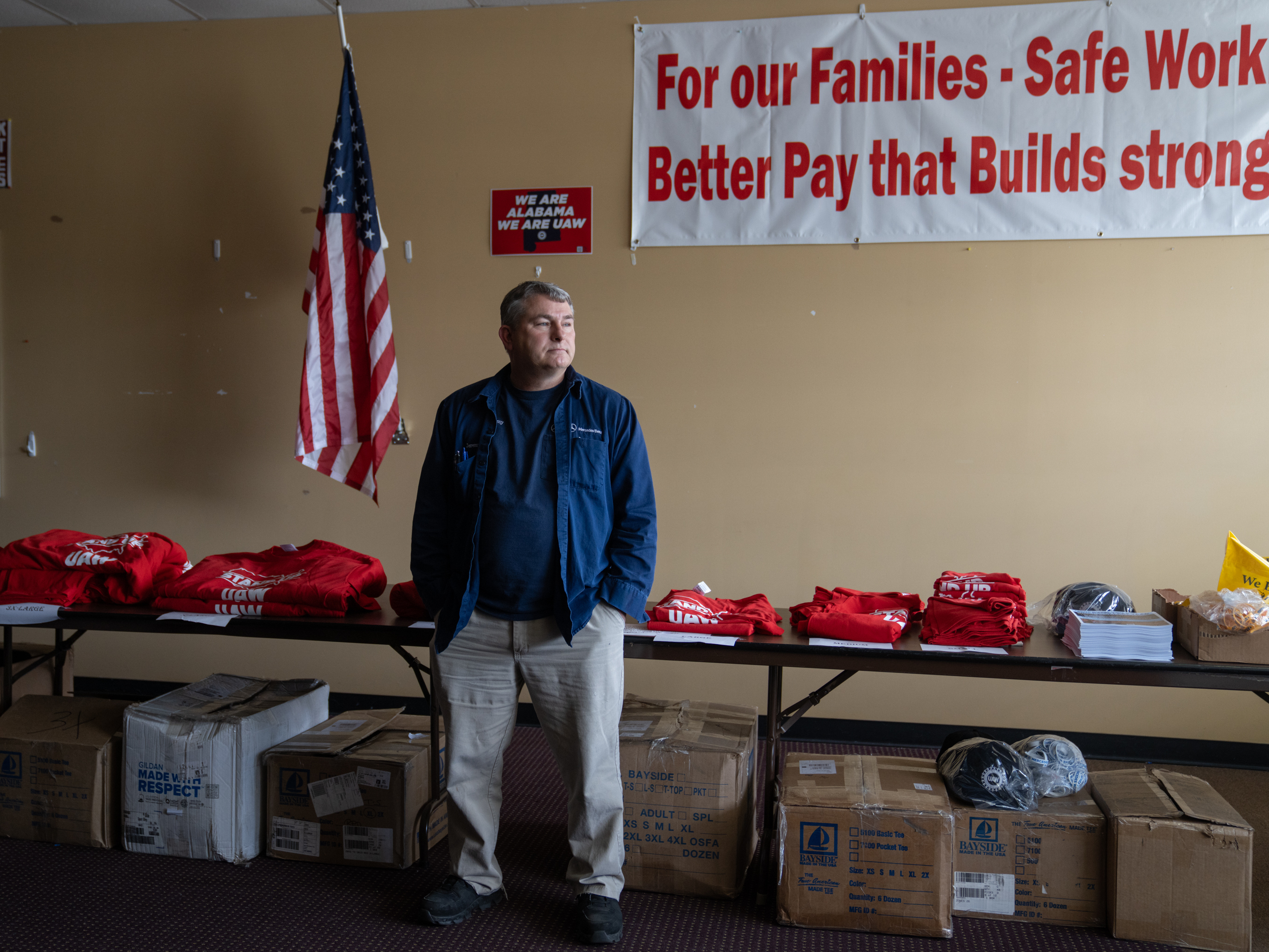 caption: Jeremy Kimbrell has worked at the Mercedes plant in Vance, Ala., since 1999. Having been involved in several failed union drives, he says this latest one feels different.