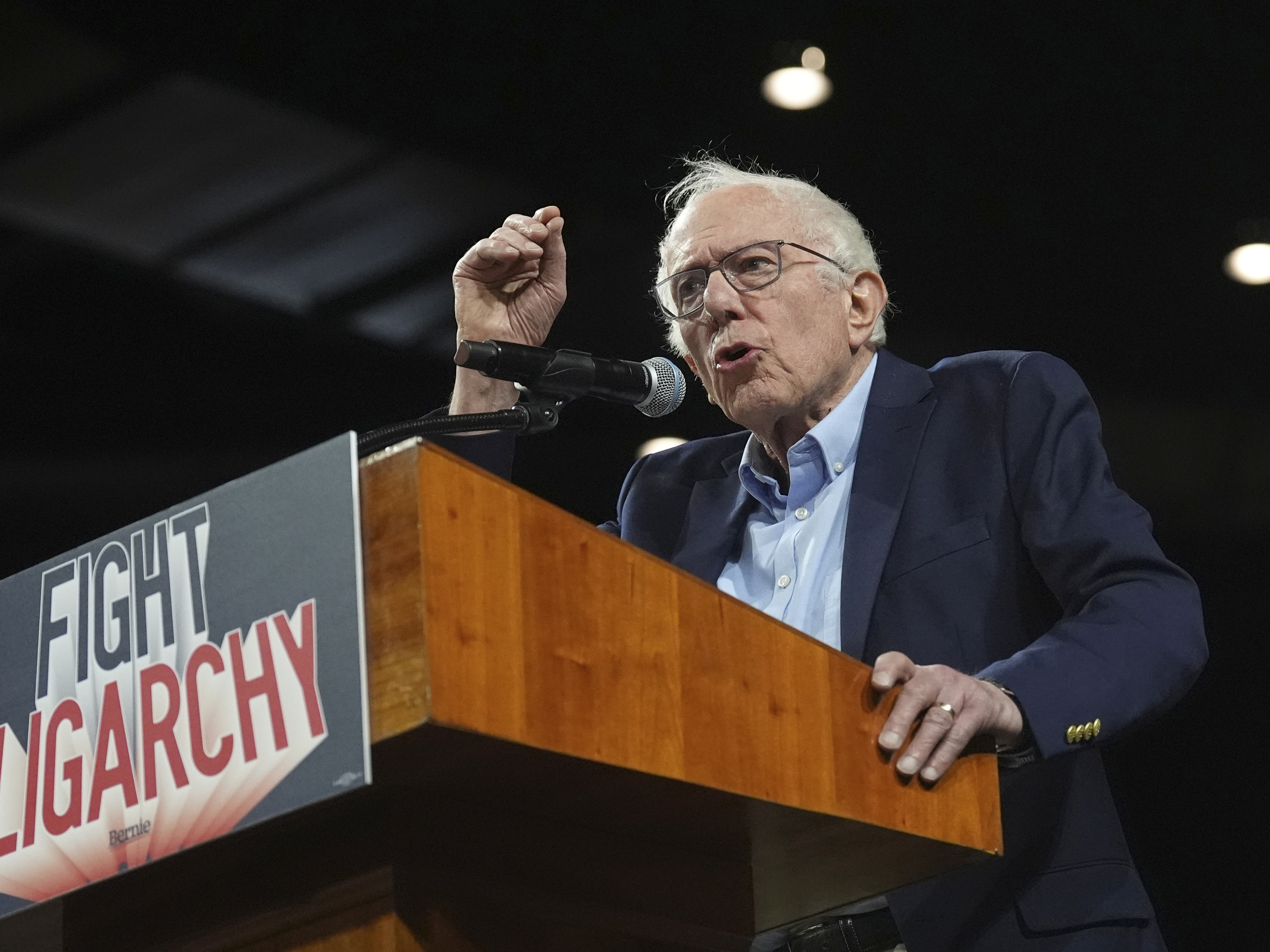 caption: Sen. Bernie Sanders, I-Vt., speaks during a "Fighting Oligarchy" tour event at Arizona State University, Thursday in Tempe, Ariz.