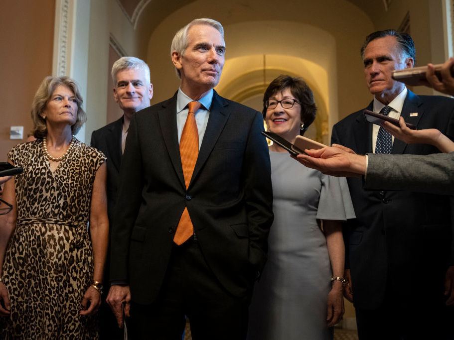 caption: The lead GOP negotiators on the bipartisan infrastructure legislation, Sens. Lisa Murkowski (from left), Bill Cassidy, Rob Portman, Susan Collins and Mitt Romney  speak to reporters at the U.S. Capitol on Wednesday.