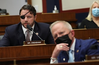 caption: House Homeland Security Committee member Rep. Dan Crenshaw, R-Texas, questions witnesses during a hearing Thursday on threats to the United States.