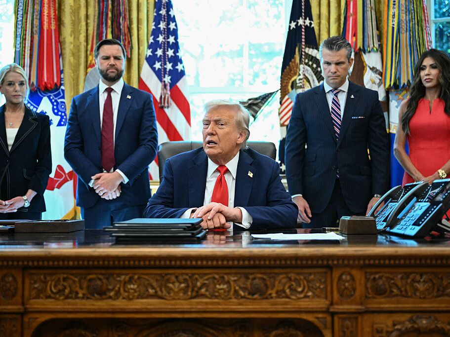 caption: President Trump speaks to the press before signing executive orders at the White House on Monday, as Attorney General Pam Bondi, Vice President Vance, Defense Secretary Pete Hegseth and Secretary of Homeland Security Kristi Noem look on.
