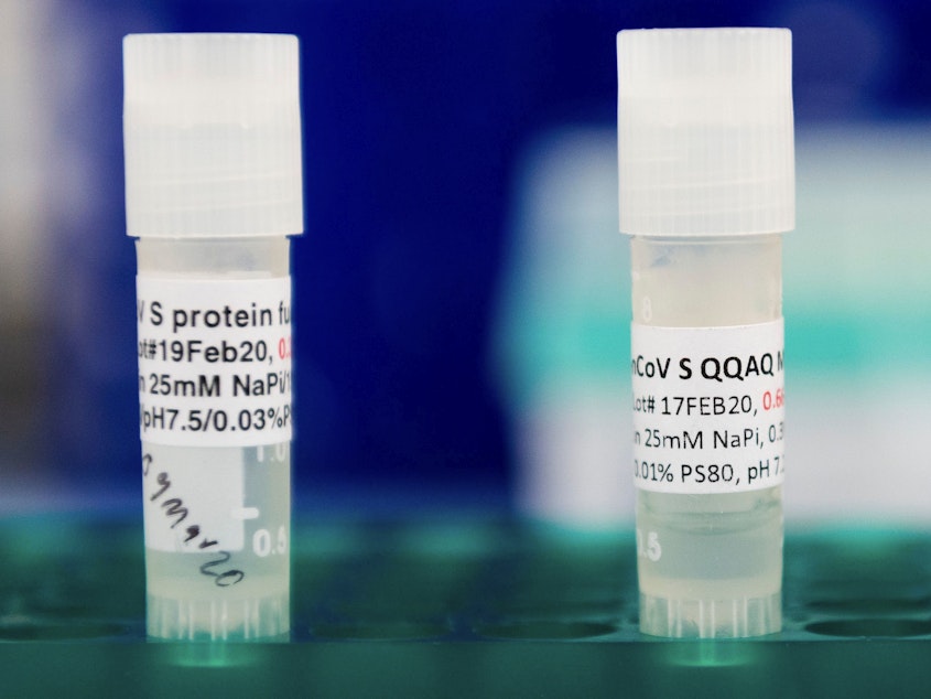 caption: Three potential coronavirus vaccines are kept in a tray at Novavax labs in Gaithersburg, Md., in March 2020. The company has moved into phase 3 trials in the U.K.