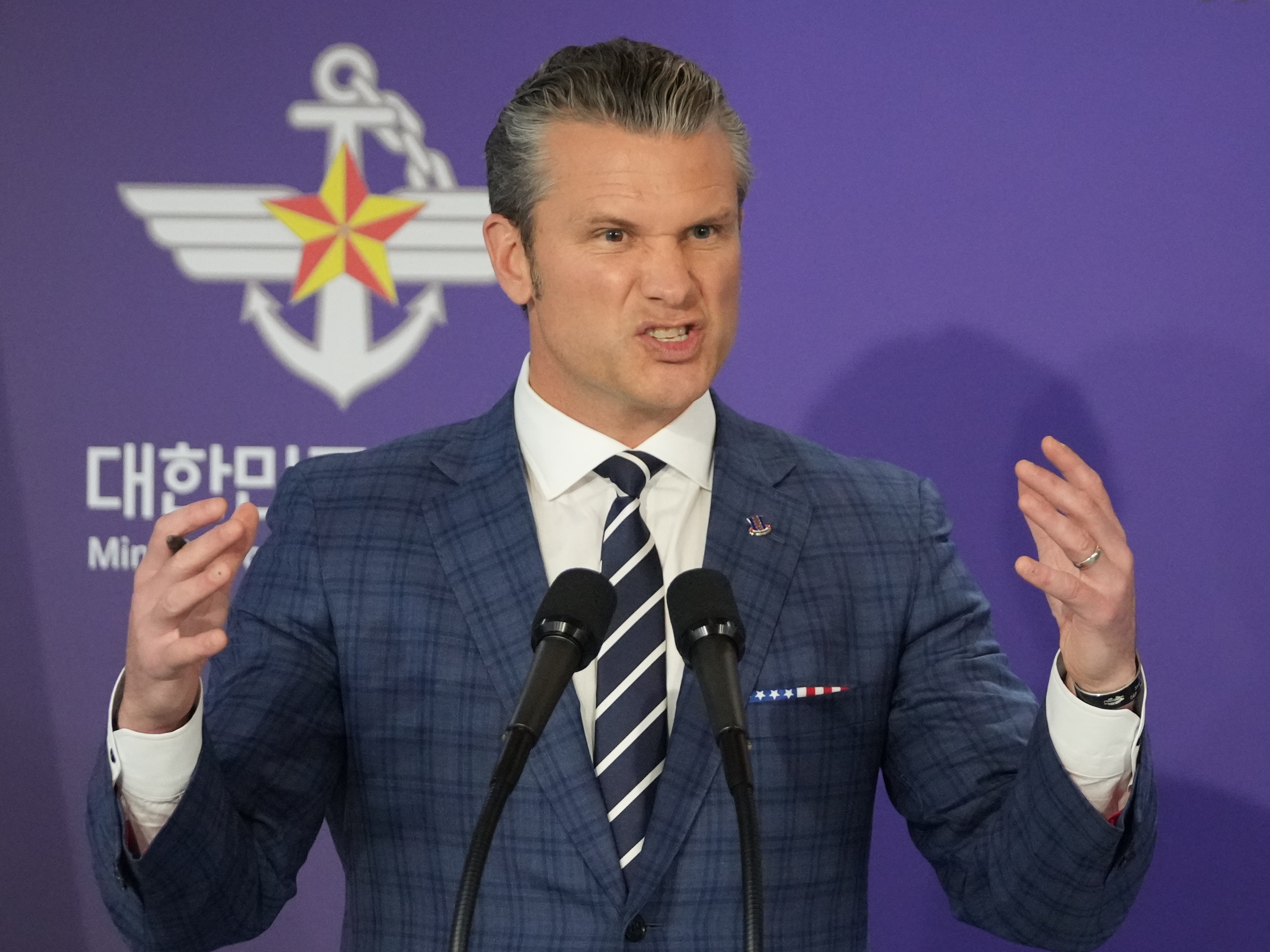 caption: U.S. Defense Secretary Pete Hegseth speaks during a joint press conference with South Korean Defense Minister Ahn Gyu-back, following the 57th Security Consultative Meeting at the Defense Ministry in Seoul, South Korea, Tuesday, Nov. 4, 2025.