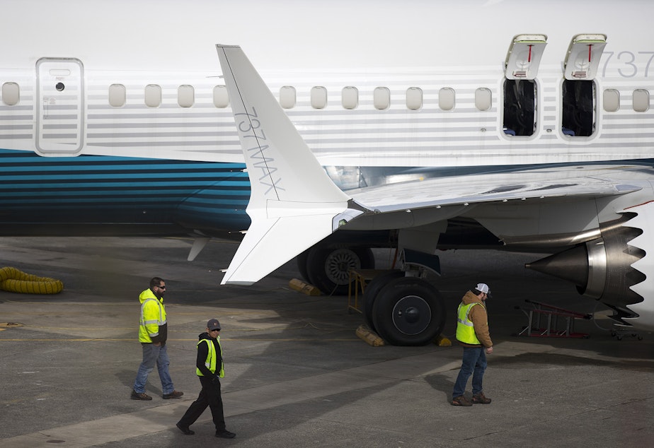 caption: A Boeing 737 MAX aircraft is shown on Thursday, March 14, 2019, at the Boeing Renton Factory in Renton.