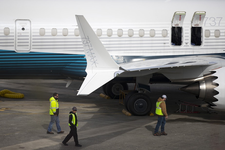 caption: A Boeing 737 MAX aircraft is shown on Thursday, March 14, 2019, at the Boeing Renton Factory in Renton.