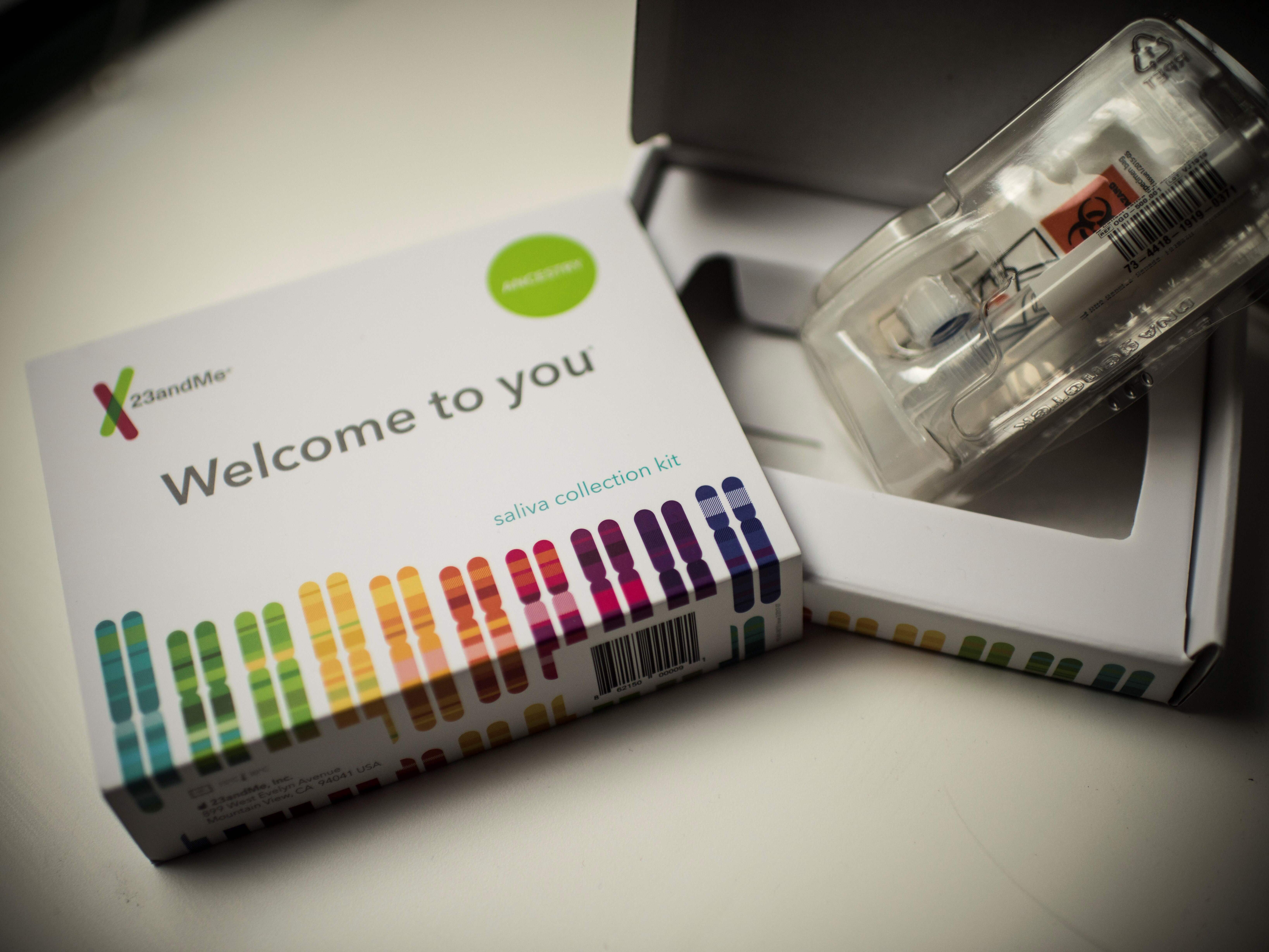 caption: This 2018 image shows a 23andMe saliva collection kit used for DNA testing. The California-based company announced this week that it was going into bankruptcy.