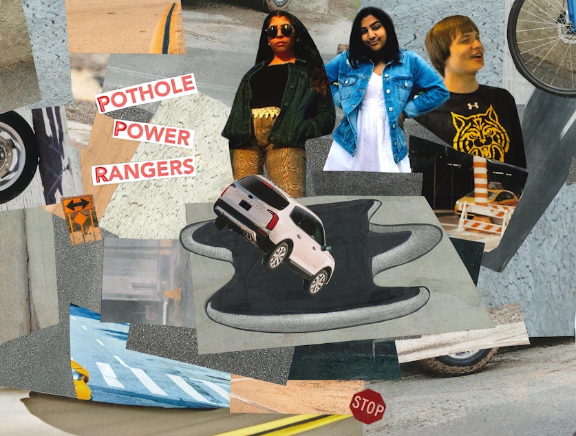 caption: RadioActive's Huma Ali, Ritika Managuli and Michael Sheeran hate potholes and wonder why Seattle has so many of them.