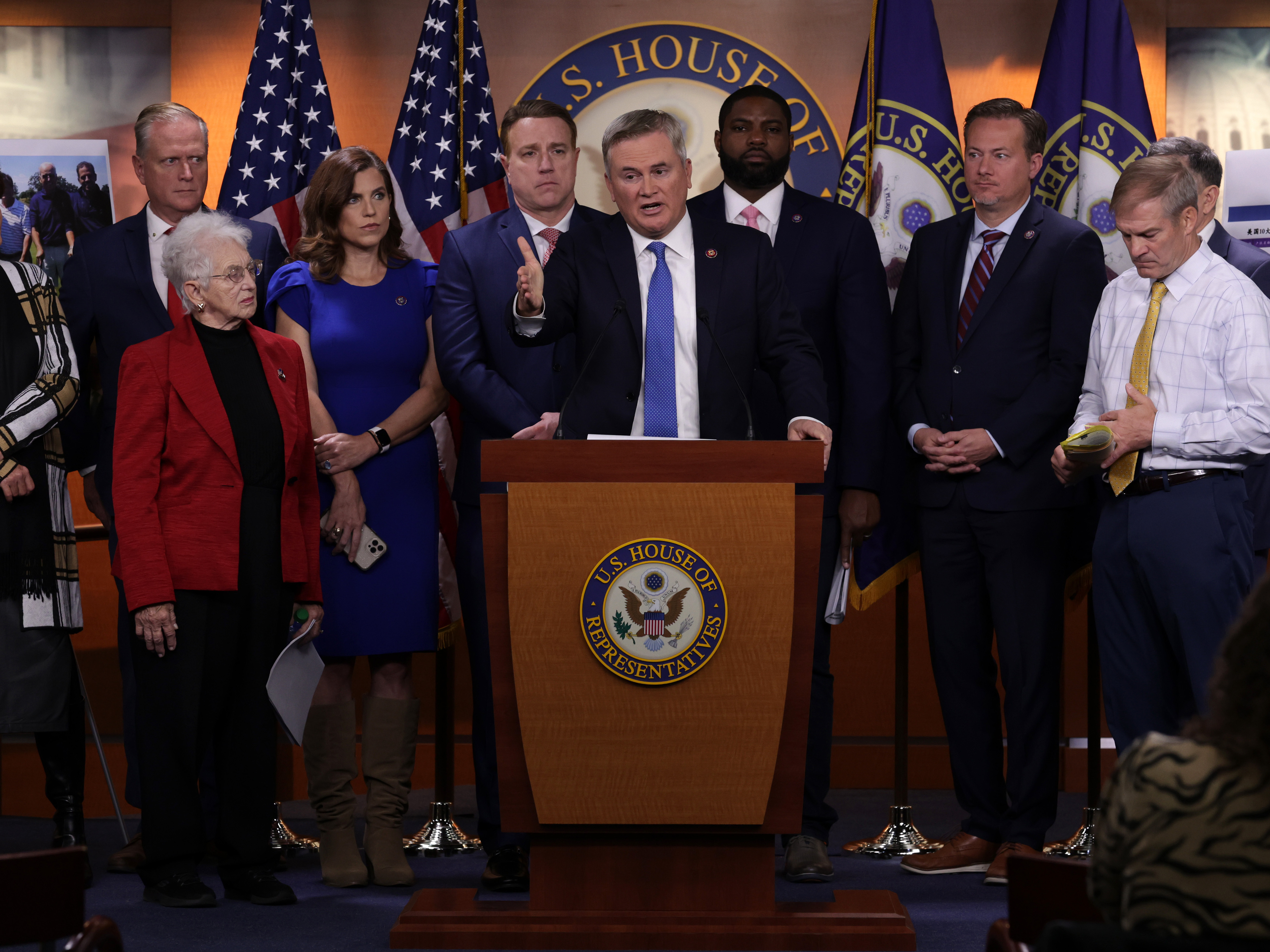 caption: Kentucky GOP Rep. James Comer and other House Republicans speak at the U.S. Capitol in November. This week, Republicans are holding their first hearings as part of investigations into the Biden administration.