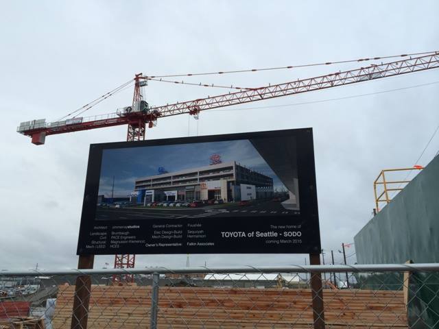 caption: Construction is underway for Toyota of Seattle's new location in the Sodo neighborhood of Seattle.