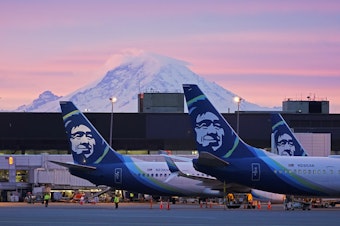 caption: Alaska Airlines planes parked at gates with Mount Rainier in the background at sunrise, on March 1, 2021, at Seattle-Tacoma International Airport in Seattle.
