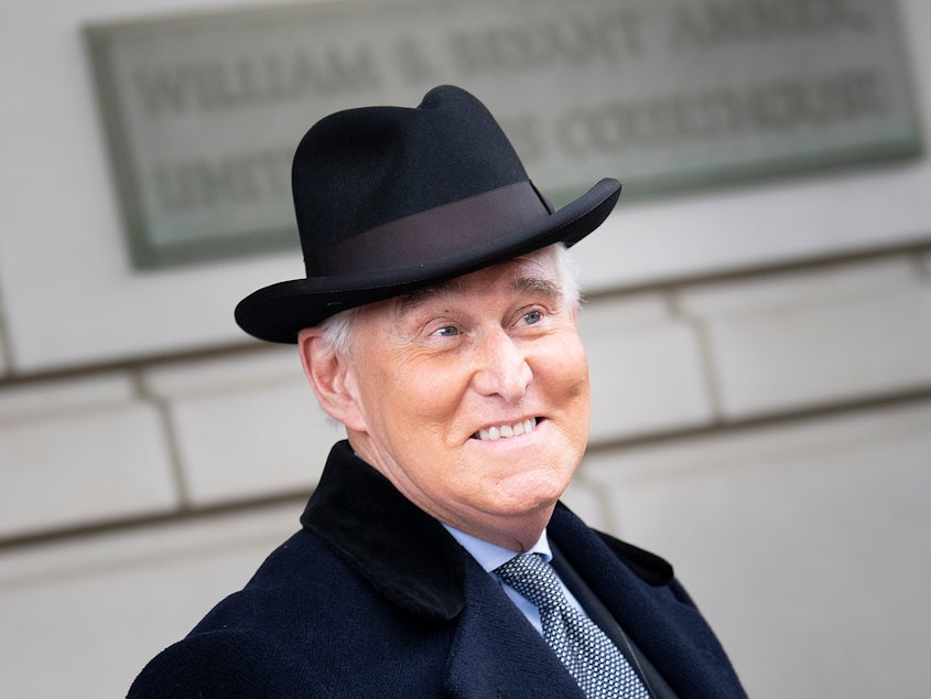 caption: Roger Stone, seen here leaving a federal courthouse earlier this year in Washington, D.C., will not have to serve his three-year prison sentence for lying to Congress, witness tampering and obstruction of justice.