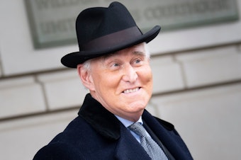 caption: Roger Stone, seen here leaving a federal courthouse earlier this year in Washington, D.C., will not have to serve his three-year prison sentence for lying to Congress, witness tampering and obstruction of justice.