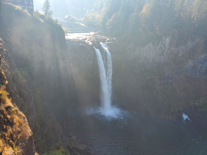 caption: Snoqualmie Falls, Oct. 15, 2022, at less than half its normal volume for this time of year.
