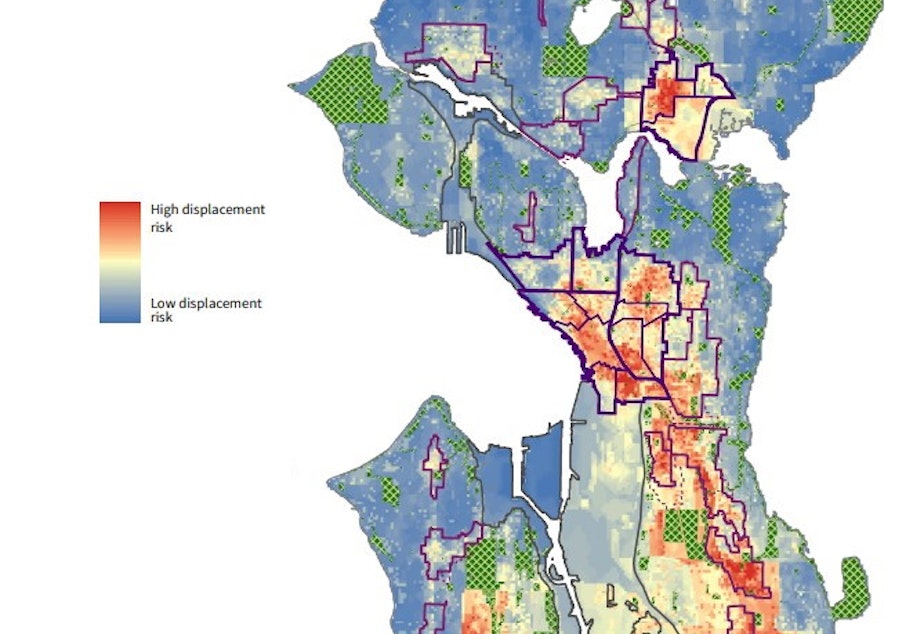 caption: An outdated heat map showing displacement risk in Seattle. The city wants to update this map to capture more aspects of displacment.