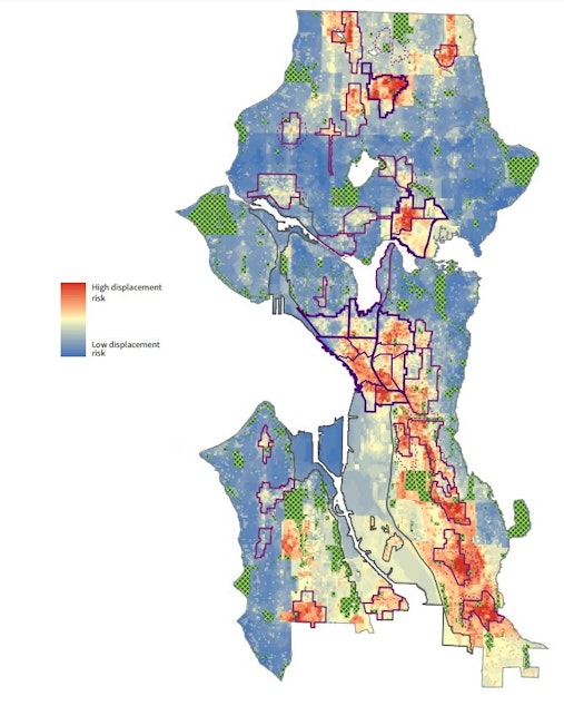caption: An outdated heat map showing displacement risk in Seattle. The city wants to update this map to capture more aspects of displacment.