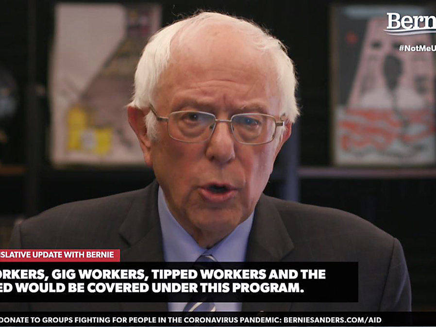 caption: Democratic presidential candidate Bernie Sanders, U.S. senator from Vermont, talks about the coronavirus relief bill on Wednesday in one of several speeches about the crisis streamed on his campaign website.