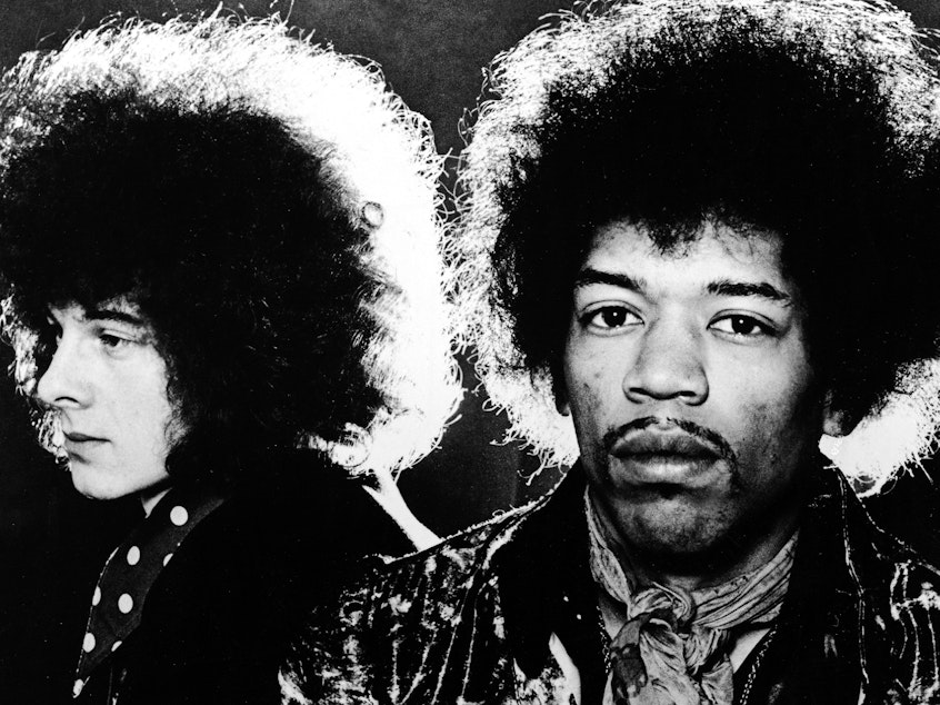 caption: The Jimi Hendrix Experience circa 1968. Left to right: Noel Redding, Jimi Hendrix, Mitch Mitchell.