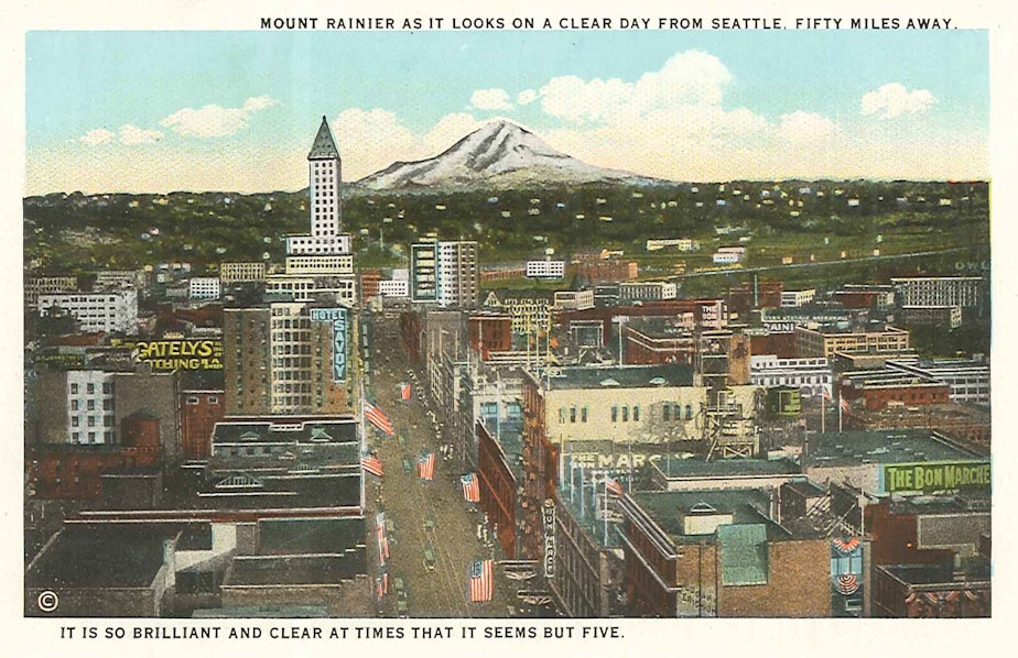 caption: Downtown Seattle and Mount Rainier, circa 1920s, probably when more people said Warshington.