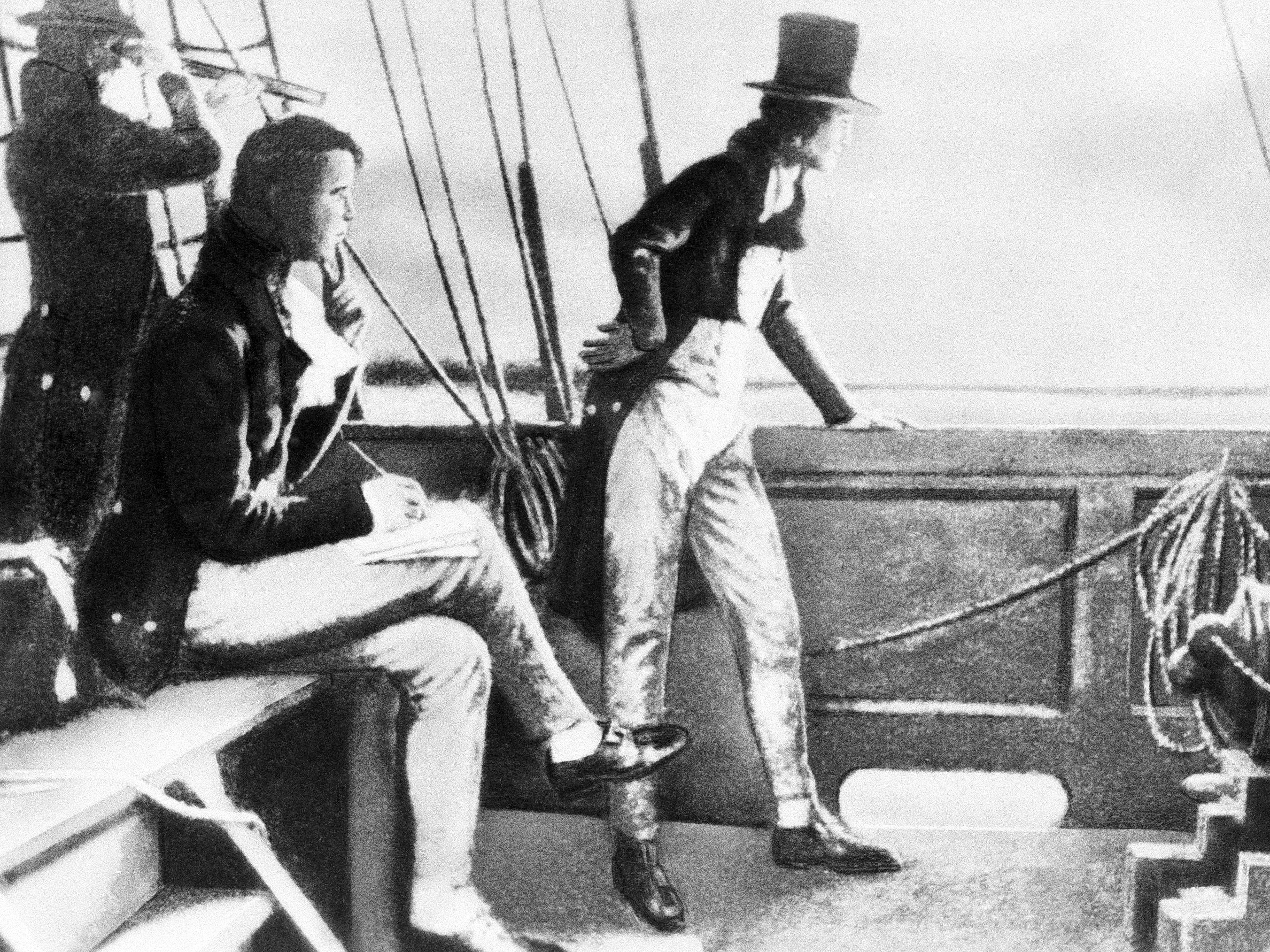 caption: Artwork of Francis Scott key Composing "Star- Spangled Banner" after watching the failed British bombardment of Fort McHenry in the Baltimore Harbor in 1814.