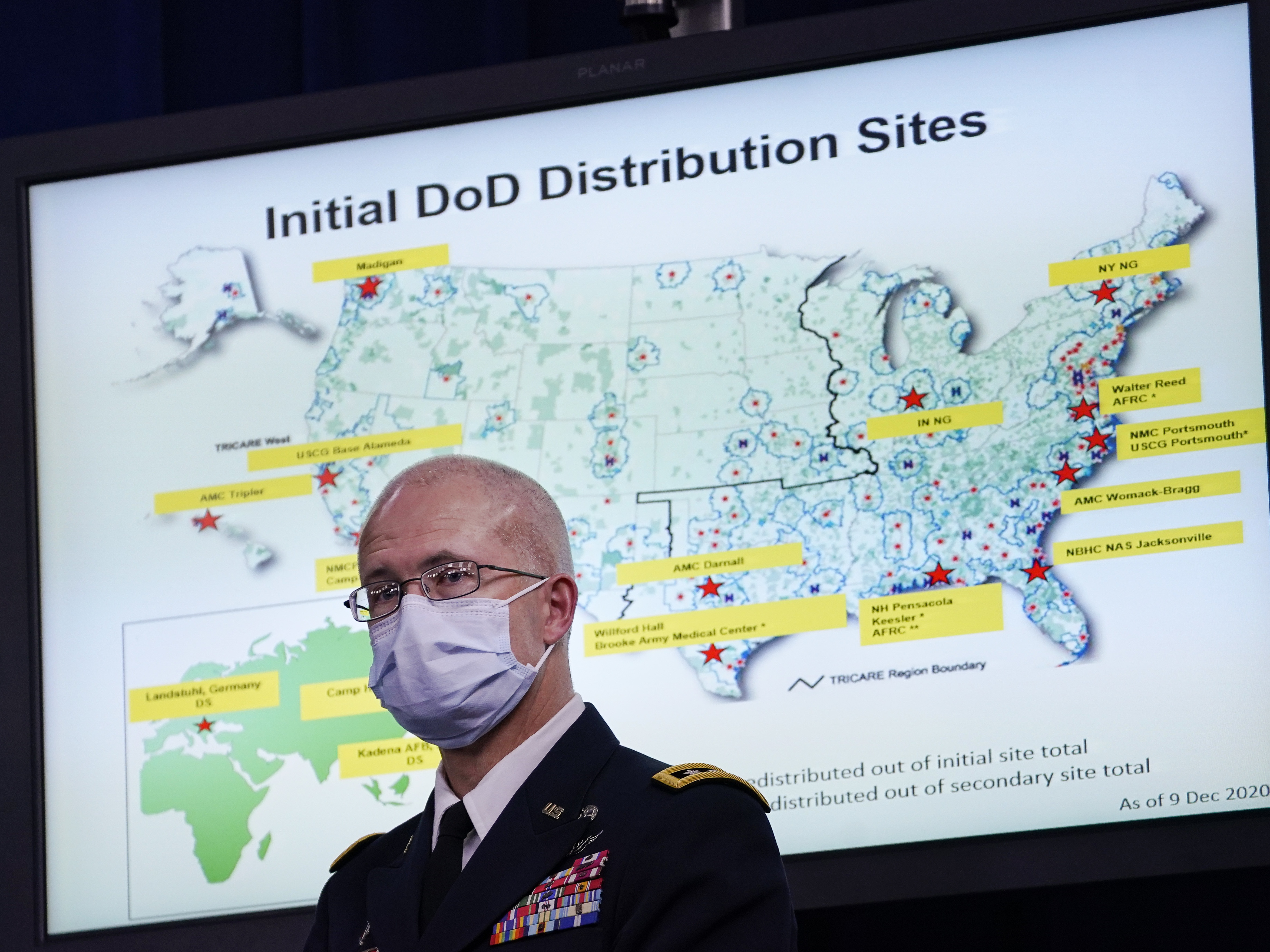 caption: Director of the Defense Health Agency Army Lt. Gen. Ronald Place on Dec. 9. The DOD expects to receive about 44,000 doses of Pfizer's coronavirus vaccine as early as next week.