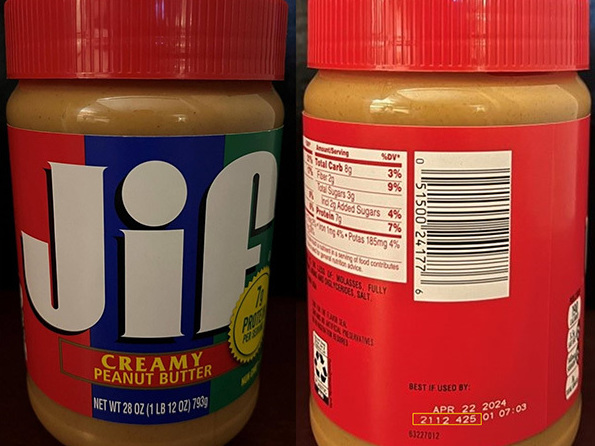 caption: All of the affected Jif peanut butter products can be identified by their lot code numbers, which is usually found near the "best by" date.