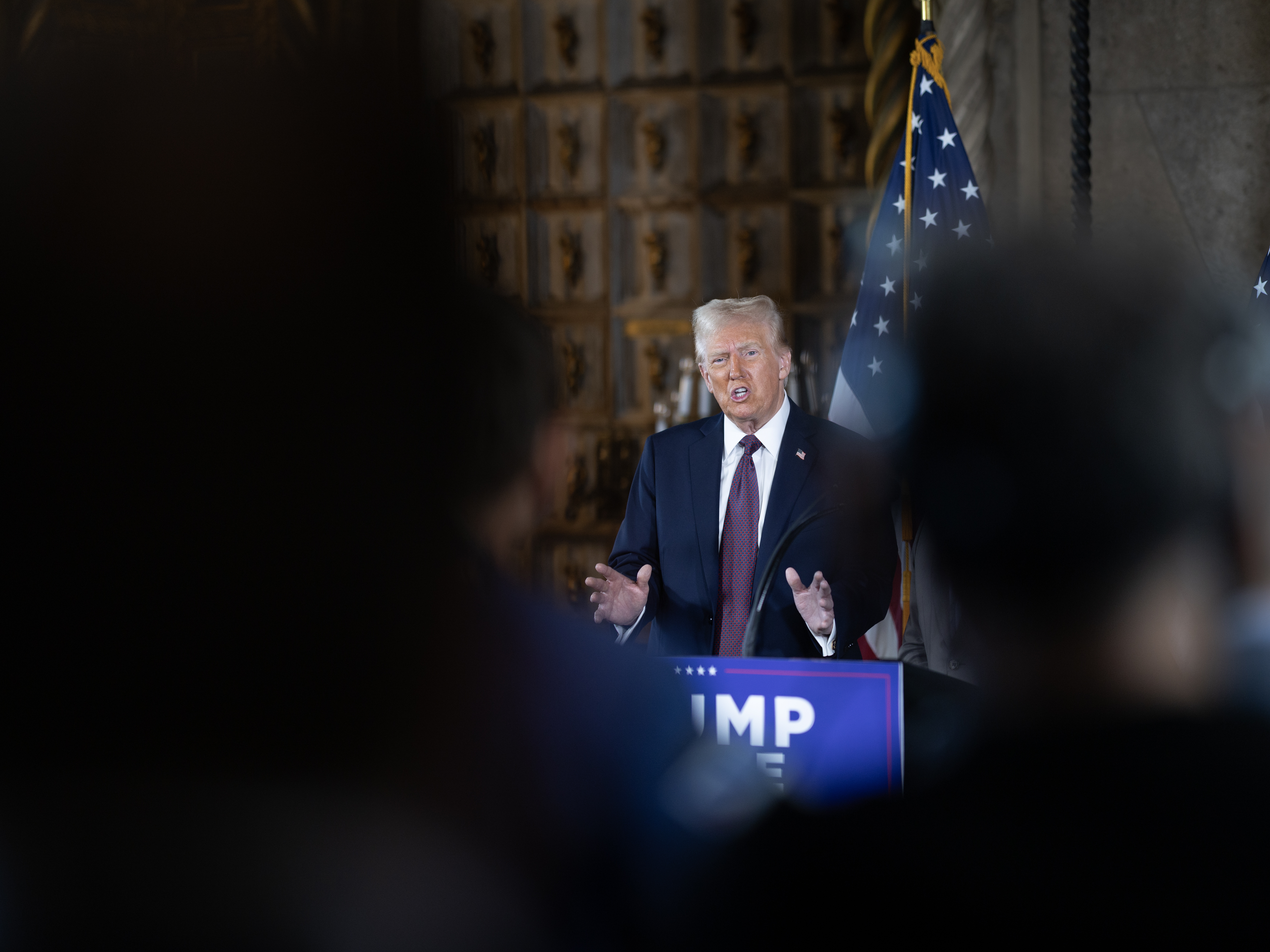 caption: President-elect Donald Trump speaks to members of the media during a press conference at the Mar-a-Lago Club on Jan. 7 in Palm Beach, Fla. Trump will be sworn in as the 47th president of the United States on Jan. 20.