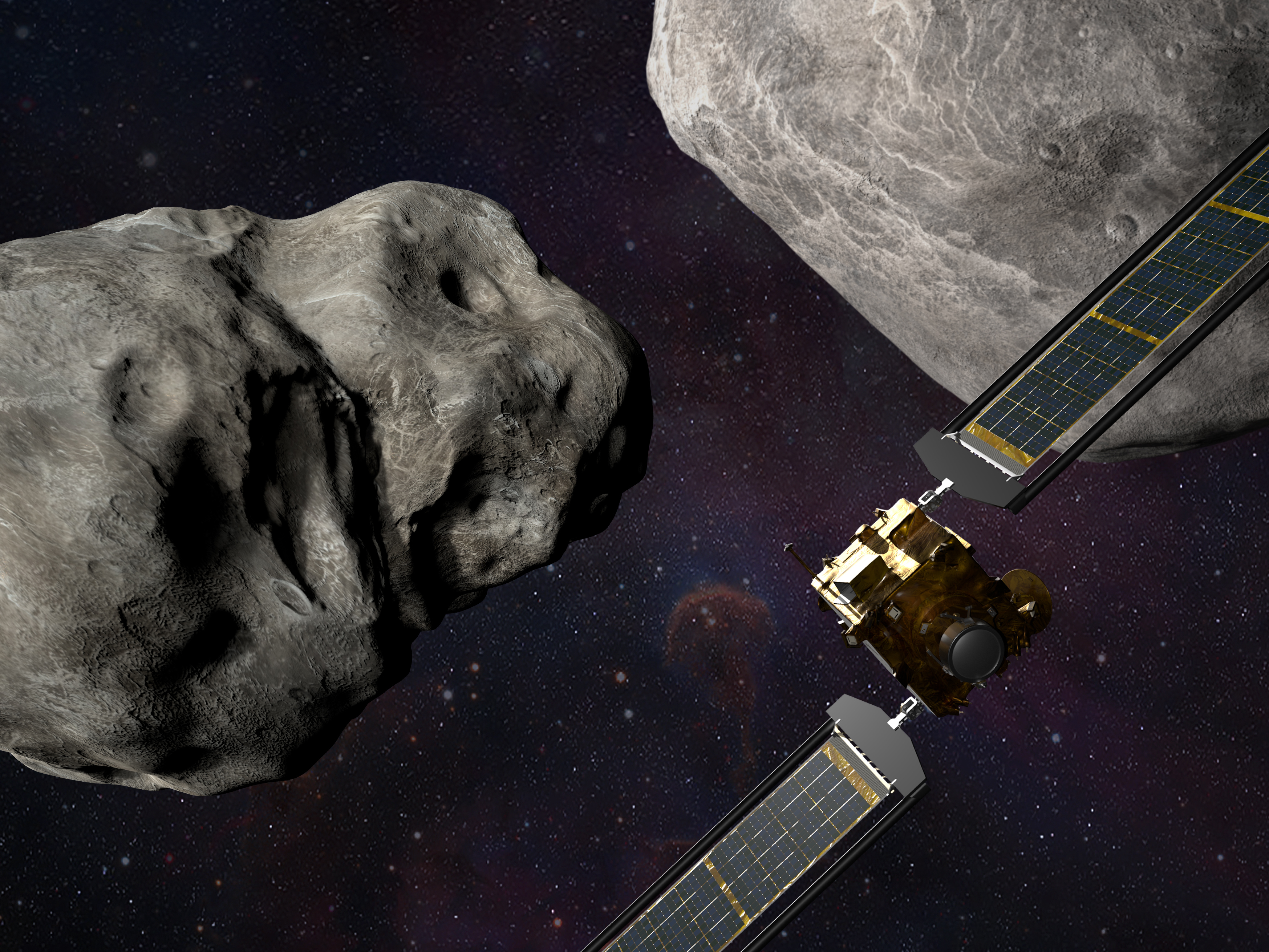 caption: An illustration of the DART spacecraft approaching two asteroids; it will crash into the smaller one to try to change how this space rock orbits its larger companion.
