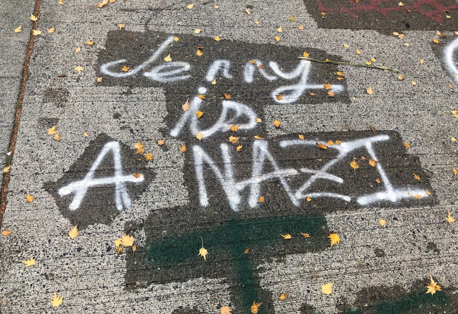 caption: Vandalism left outside Mayor Jenny Durkan's Seattle home in mid-October 2020. 