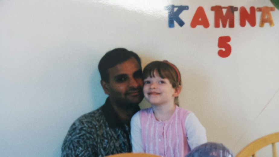 caption: Kamna Shastri with her dad on her fifth birthday. Now 22, Kamna is coming to terms with her albinism. 