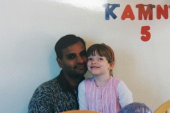 caption: Kamna Shastri with her dad on her fifth birthday. Now 22, Kamna is coming to terms with her albinism. 