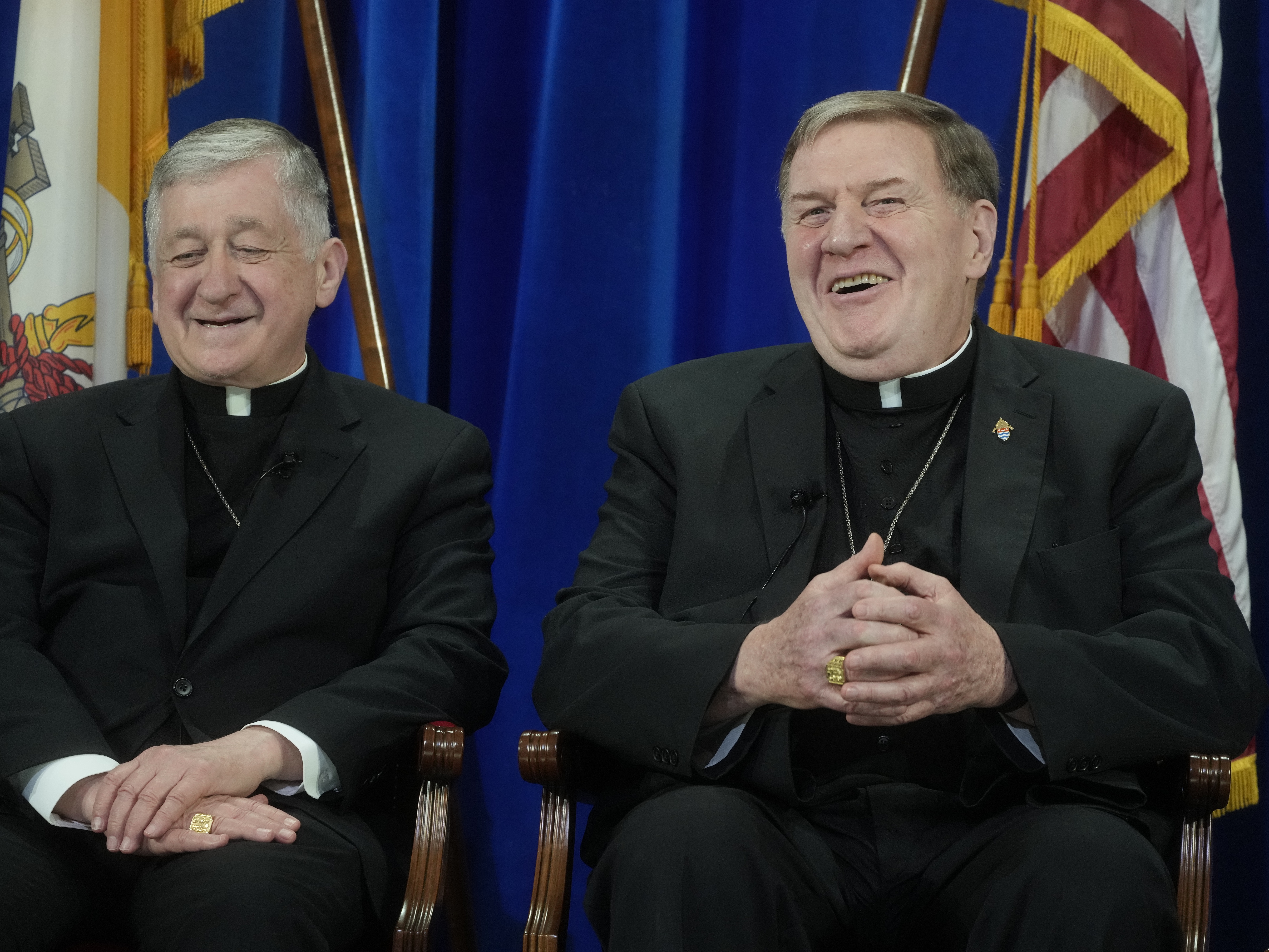 caption: From right, U.S. Cardinals, Joseph Tobin of Newark, and Blase Cupich of Chicago, attend a press conference at the North American College in Rome on May 9, 2025. Along with Cardinal Robert McElroy, archbishop of Washington (not pictured), the men issued a strongly worded statement on Monday criticizing the Trump administration's foreign policy.