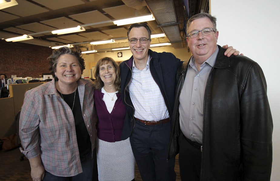 caption: Today's panel: Tina Podlodowski, Joni Balter, Bill Radke and Chris Vance