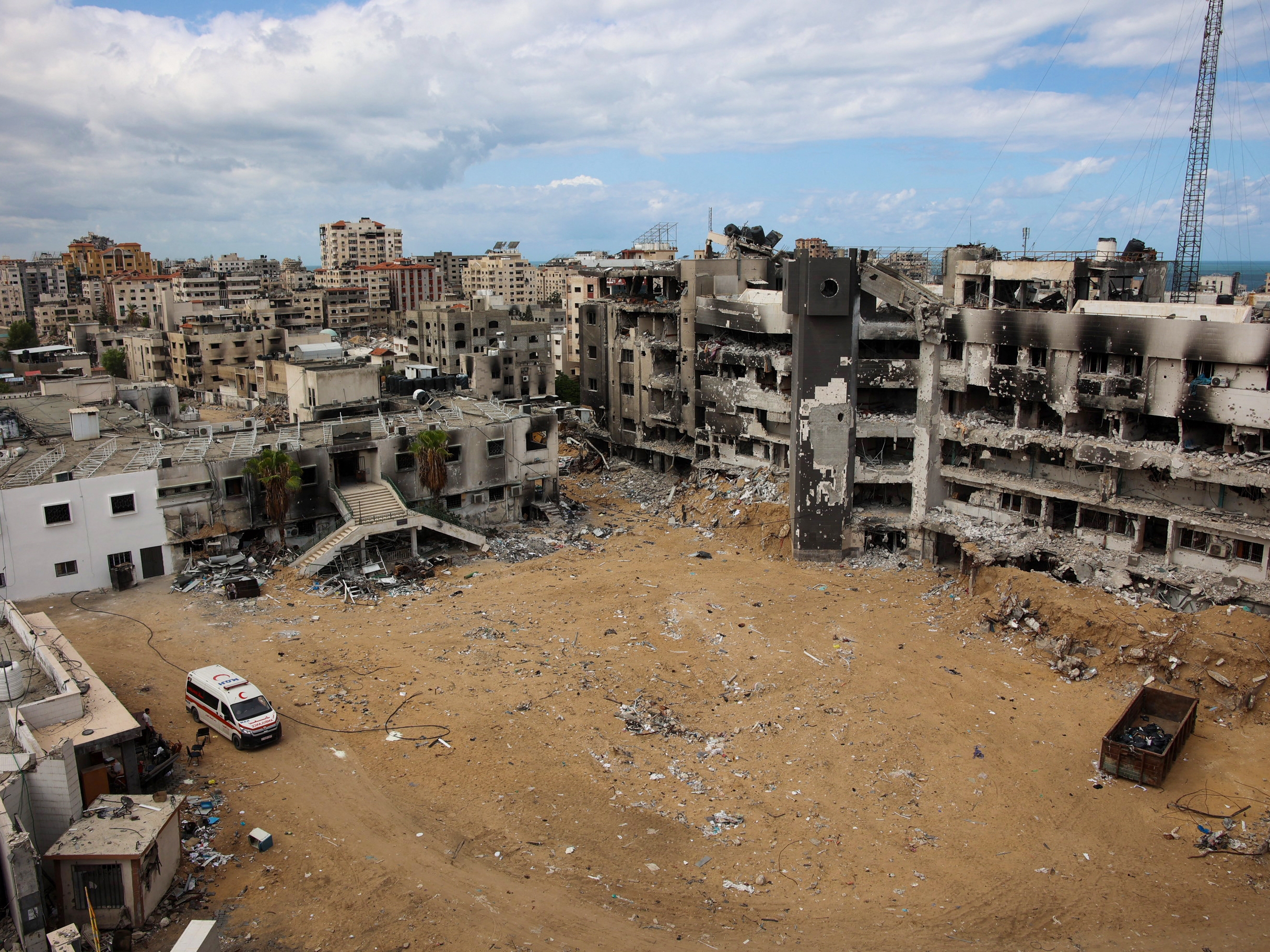 caption: A view of Al-Shifa hospital in Gaza City on September 17, 2024, destroyed by Israeli attacks amid the ongoing war between Israel and Hamas. Israel asserted that Hamas militants were using the hospital for shelter and internet access. The U.N. called the destruction of the facility "the most horrific assault on Gaza's hospitals."