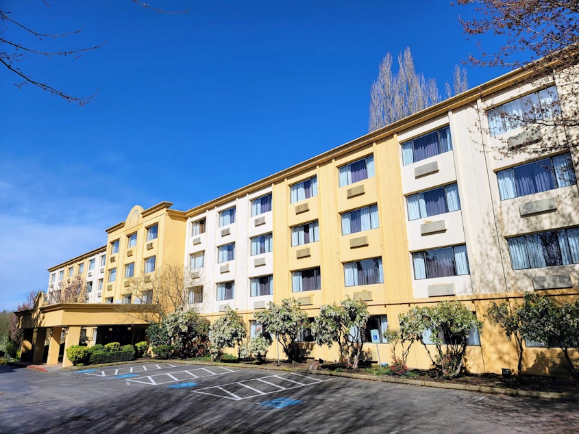 caption: The former La Quinta Inn & Suites in Kirkland is set to re-open as supportive housing units for people experiencing homelessness. Monday, April 4, 2022.