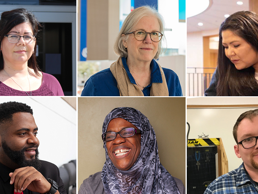 caption: For some older college students, studying later in life has its advantages: They have skills and tools that could only have come with age and maturity. (Clockwise from top left: Santa Benavidez Ramirez, Liz Bracken, Taryn Jim, Matt Seo, Sakeenah Shakir, Jarrell Harris)