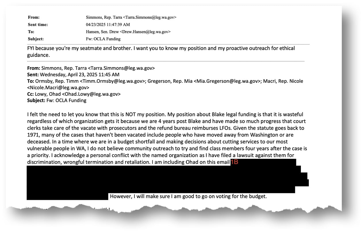 caption: A screenshot of an email from Rep. Tarra Simmons to fellow lawmakers during the 2025 legislative session regarding funding to civil legal aid organizations helping the state vacate hundreds of thousands of unconstitutional drug convictions.