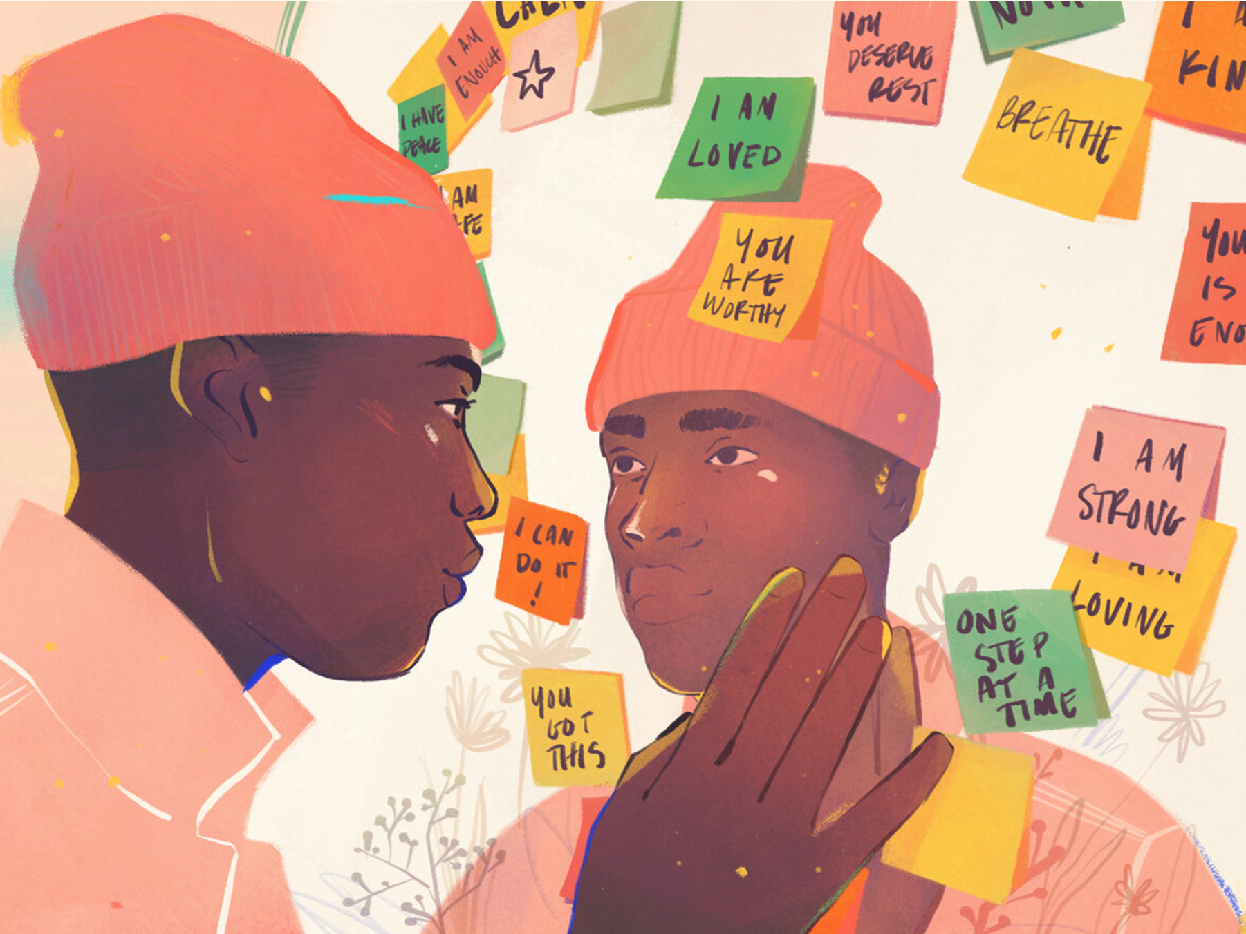 Image of a person looking lovingly at themselves in the mirror, surrounded by positive affirmations written on sticky notes.