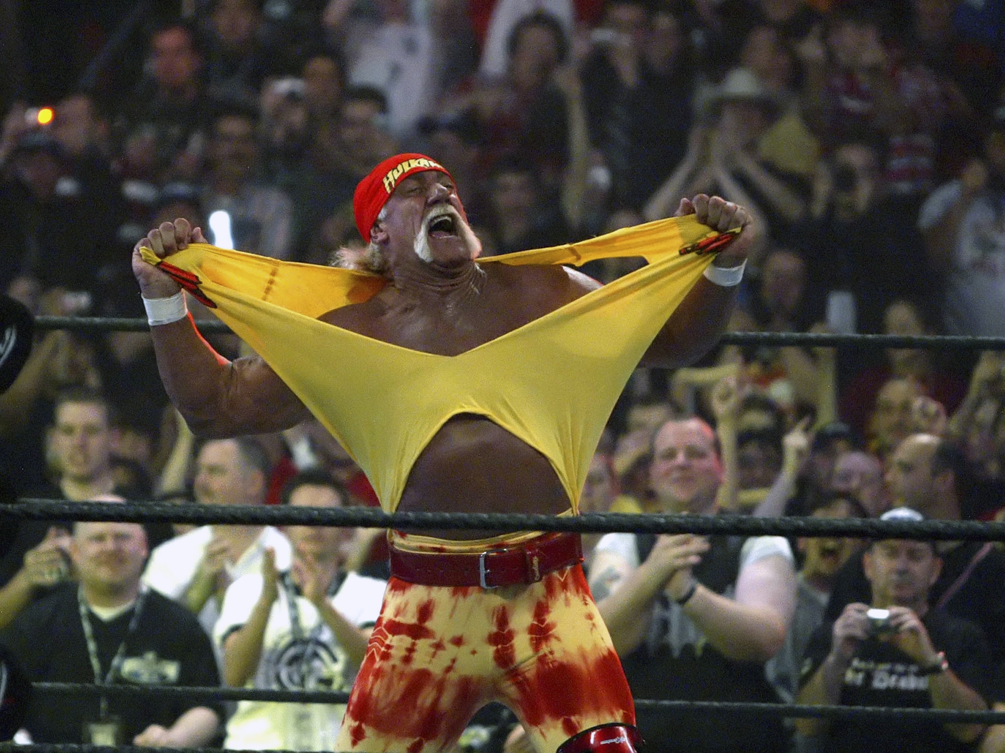 caption: Hulk Hogan between matches during WrestleMania in Los Angeles in 2005.