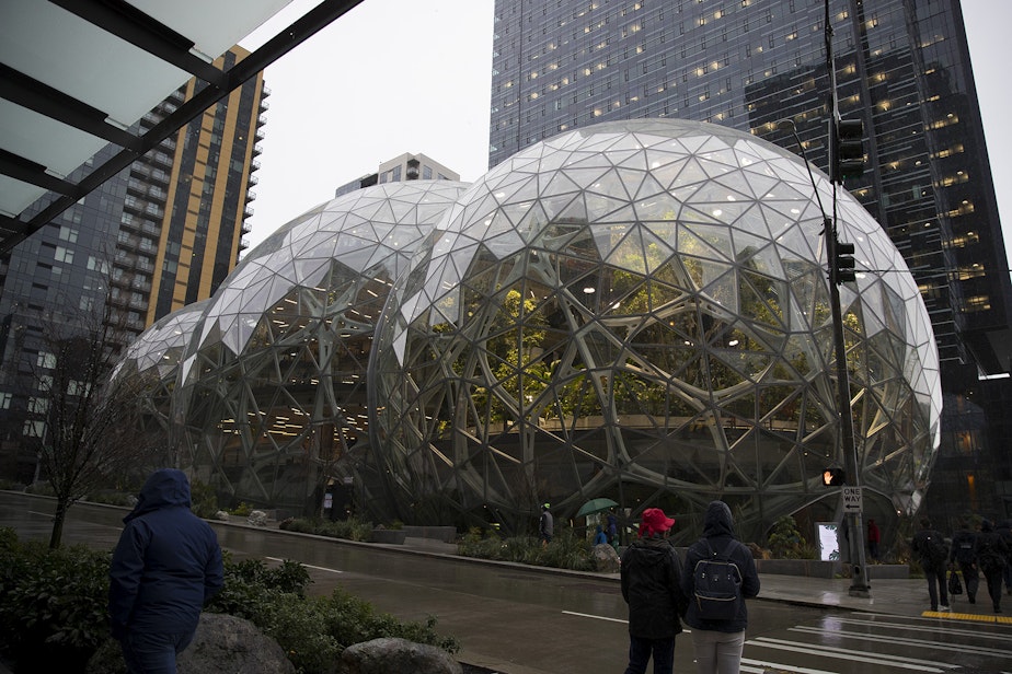 caption: Amazon's spheres are shown on Monday, January 29, 2018, during the spheres grand opening in Seattle. 