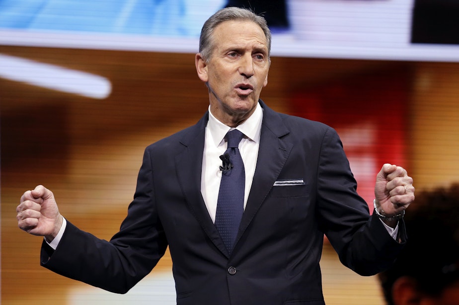 caption: FILE: Starbucks CEO Howard Schultz speaks at the Starbucks annual shareholders meeting, Wednesday, March 22, 2017, in Seattle.