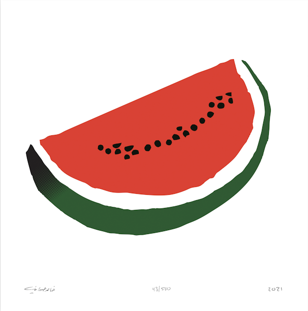 caption: "Watermelon flag" by Palestinain artist Khaled Hourani.