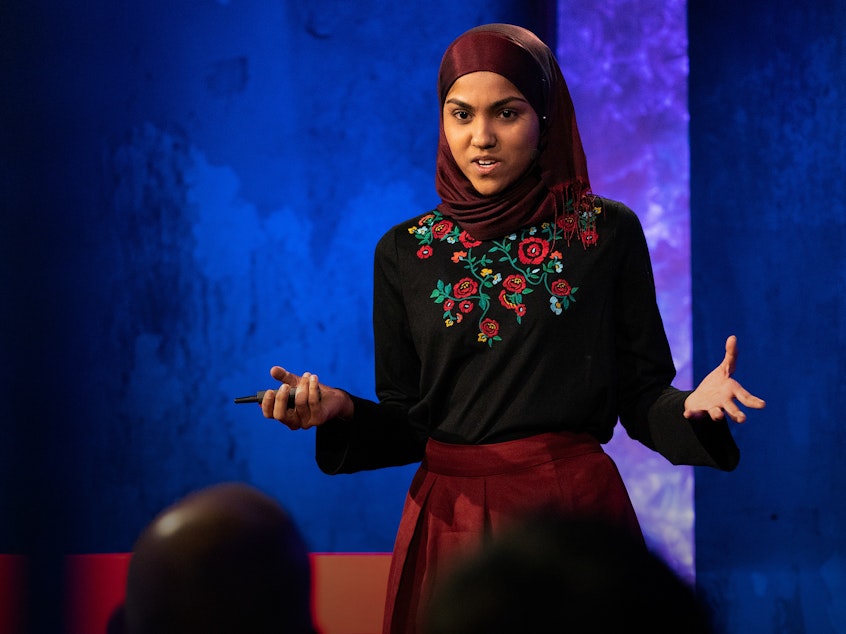 caption: Kashfia Rahman on the TED stage.