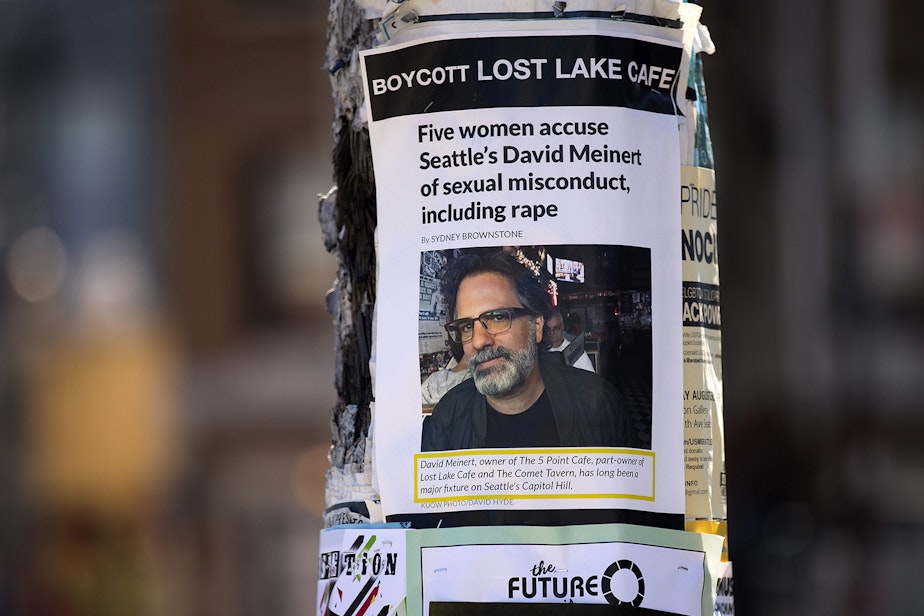 caption: A poster attached to a telephone pole shows KUOW's original story on Tuesday, August 7, 2018, near the intersection of East Olive Way and Summit Avenue East in Seattle.