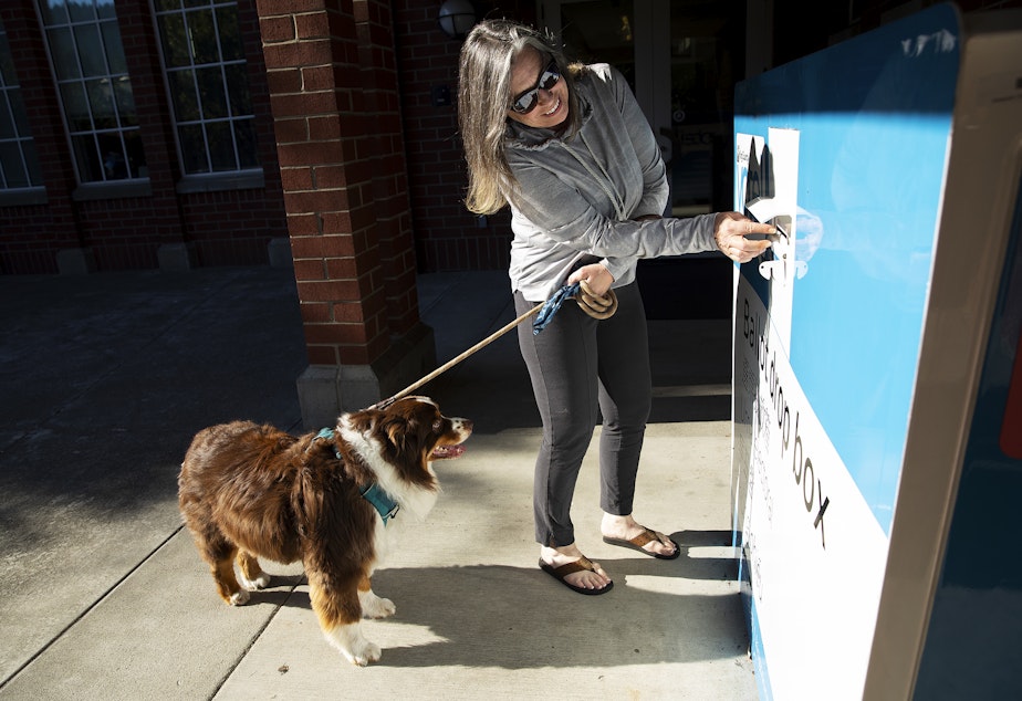 caption: Waverly Cassill casts her ballot with her dog, Ace, in tow on Tuesday, August 2, 2022, in Issaquah.