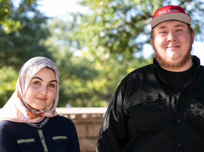caption: Amina Amdeen (left) and Joseph Weidnecht encourage others to have conversations with people who may not share the same political views.